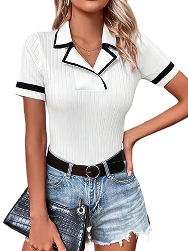 Image of Verdusa Women's Casual Striped Print Collar Short Sleeve Ribbed Knit Top Pullover Sweater White S
