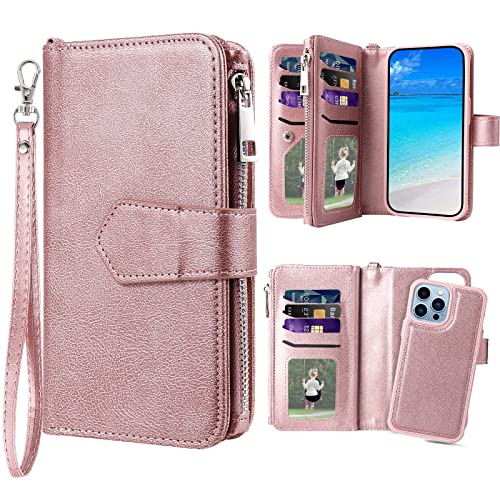 Coque iPhone 13 Pro Max en cuir PU rose doré avec rabat détachable élégant