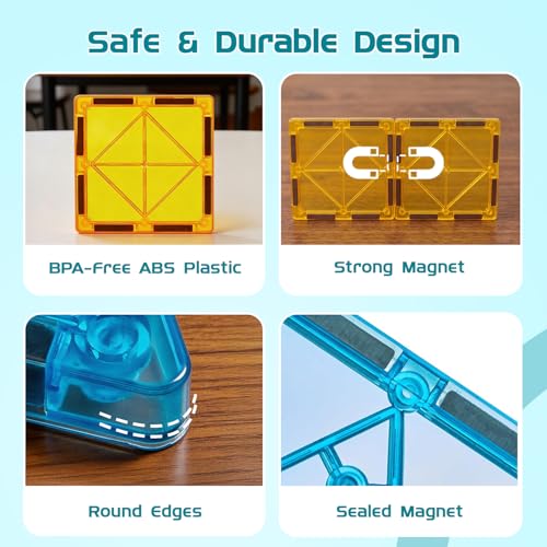 Image of Amazon Brand - Jam & Honey Magnetic Tiles Building Blocks for Kids | 40 Pcs Geometric Builder Set | STEM Learning & Creative Construction Toy | Brain Development & Educational Play | Durable MABS Plastic with Strong Magnets | Multiple Geometric Shapes Included | Ages 3+ Years | Multicolour | Product Dimensions: 24.5 x 16.5 x 6.5 cm