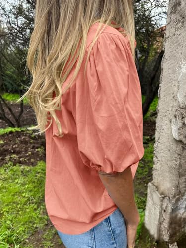 Image of Tankaneo Women's Button Down Shirts Short Puff Sleeve Collared Dressy Casual Blouse Tops