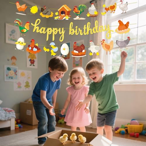 Image of 3pcs Chicken Birthday Decorations Gold Glitter Happy Birthday Banner and Chicken Paper Garlands for Spring Easter Hen & Chick Farm Theme Party Decor Supplies