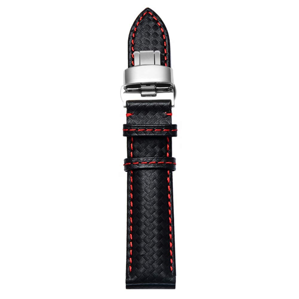 DISMAY 22mm Carbon Fiber Leather Black - Red Stitching Watch Strap Band