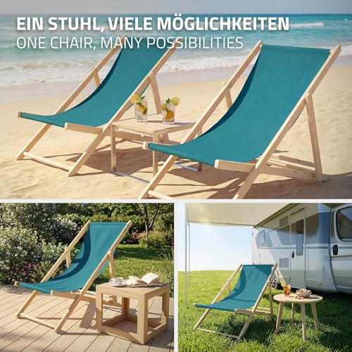 ECD Germany Lot de 3 Chaises Longues Pliantes en Bois Chiliennes, Bleu Pétrole, Dossier Réglable, 3 Positions de Couchage, jusqu'à 120kg, Bain de Soleil en Tissu pour la Plage Jardin Terrasse Camping – vue 8