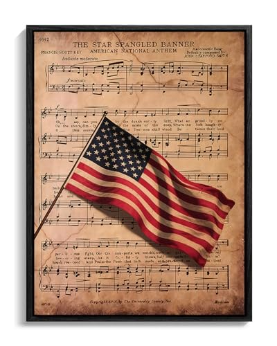 Image of American Flag Framed Canvas Wall Art, 4th of July USA National Anthem Canvas Prints, Sheet Music Patriotic Decorations, Vintage Independence Day Wall Decor for Bedroom Living Room Office 16x20