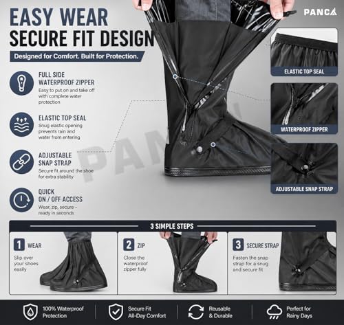 Image of PANCA Waterproof Rain Shoe Cover for Men & Women | Reusable PVC Overshoes with Non-Slip TPE Sole | Elastic Fit Anti-Skid Shoe Protector for Bike Riding, Travel & Monsoon (Black)