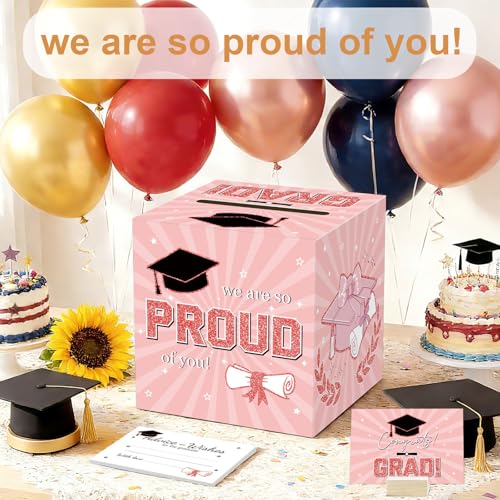 Image of Graduation Card Box Graduation Decorations 2026 Grad Card Box for Gift Graduation Party Favors Decor Party Supplies (Pink, 50 Cards)