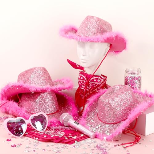 Image of Coume 12 Pcs Sparkly Adults Cowboy Hat and Bandanas Women Men Western Glitter Cowgirl Party Hats with Adjustable Drawstring