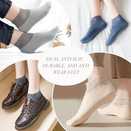 3Pairs Lace Socks No Show Frilly Ankle Socks Knit Cotton Socks Non Slip Low Cut Socks for Women Lace Floor Socks4