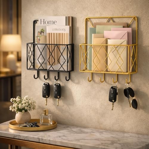 Image of CentraLit 2 Pieces Wall Decor Hanging File Magazine Holder with Hooks - Magazine Newspaper Rack Black Gold Combo File Storage Rack for Office - Home Decor Wall Art Display Rack for Organisation