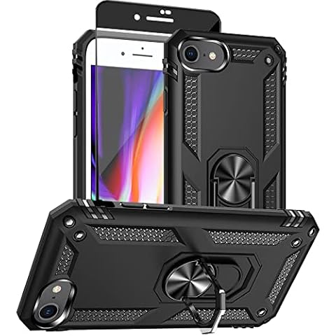 Aozuoton for iPhone SE Case 2022/2020/3rd/2rd: iPhone 8/7 case with HD Screen Protector, [Military Grade 16ft. Drop Tested] Ring Shockproof Protective Phone Case for iPhone 8/7,Black Cover