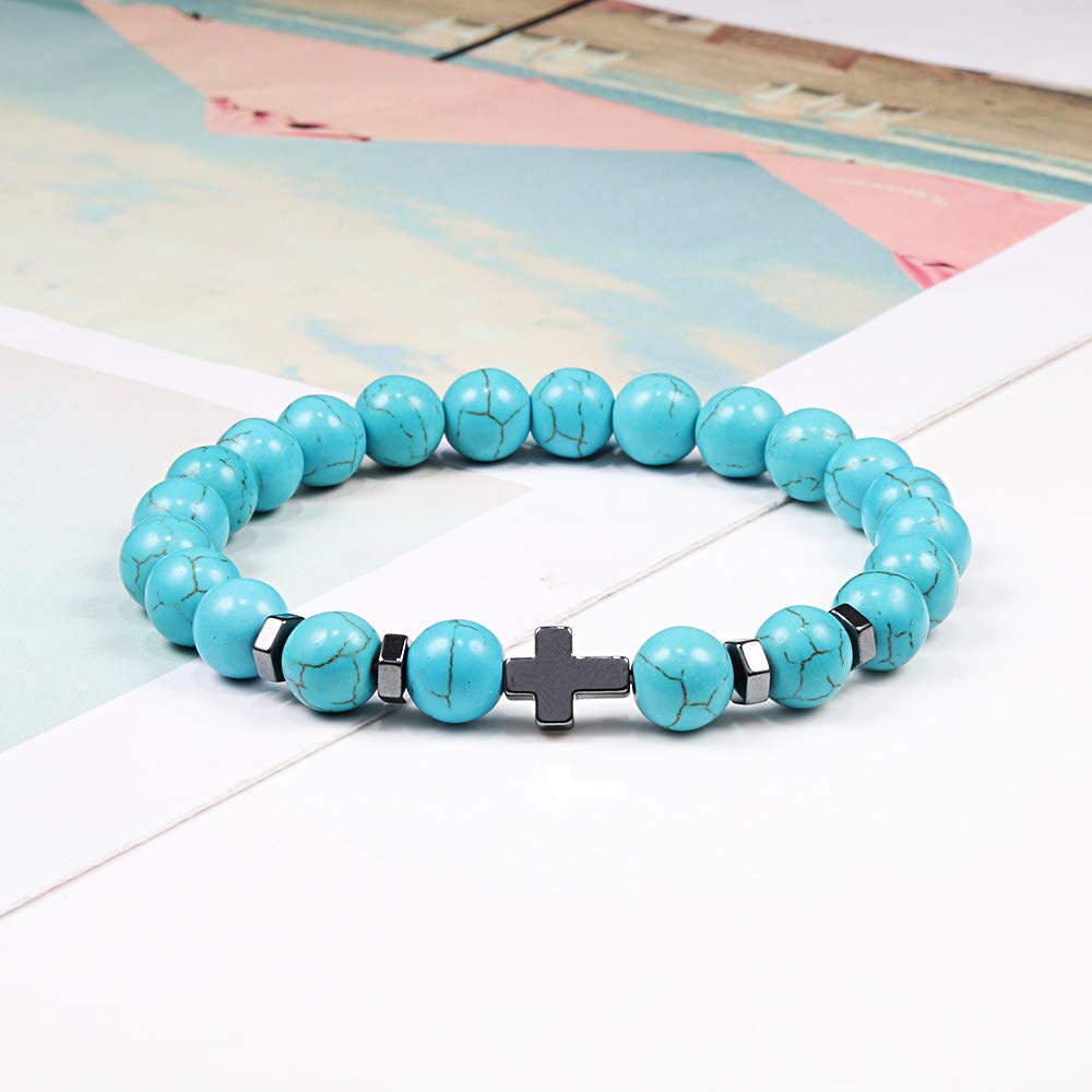 Hot Men Natural Lava Stone Bead Obsidian Bracelets Cross Rosary Meditation Prayer Jesus Turquoise Bracelet Women Yoga Jewelry,Blue,Adjustable - Image 2