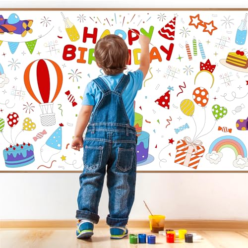 Image of Childom 1 Pack Birthday Coloring Tablecloth Disposable Birthday Tablecloths 30x72 Inch Coloring Table Cloth Paper Tablecloth Rectangle Table Cover