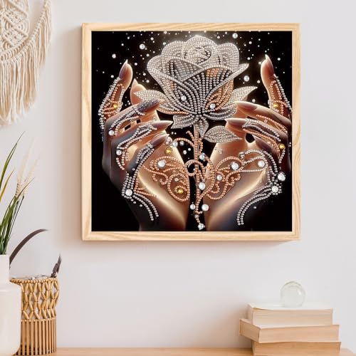 Image of AiYuanzsh 5D Special Shaped Diamond Painting Kit - The Rose in Hand Design, Unique Crystal Rhinestone Diamond Art Set for Beginners and Adults, Perfect for Home Wall Decor and Holiday Gifts