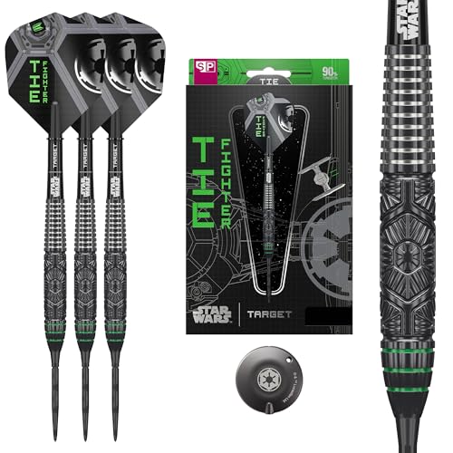 Target Darts Star Wars Tie Fighter-Steeldarts aus 90% Tungsten, 23 g | Schwarze Onyx Swiss Storm Points, Pro Grip-Schäfte, Tie Fighter Pro Ultra-Flights No. 6 und Swiss Point-Tool