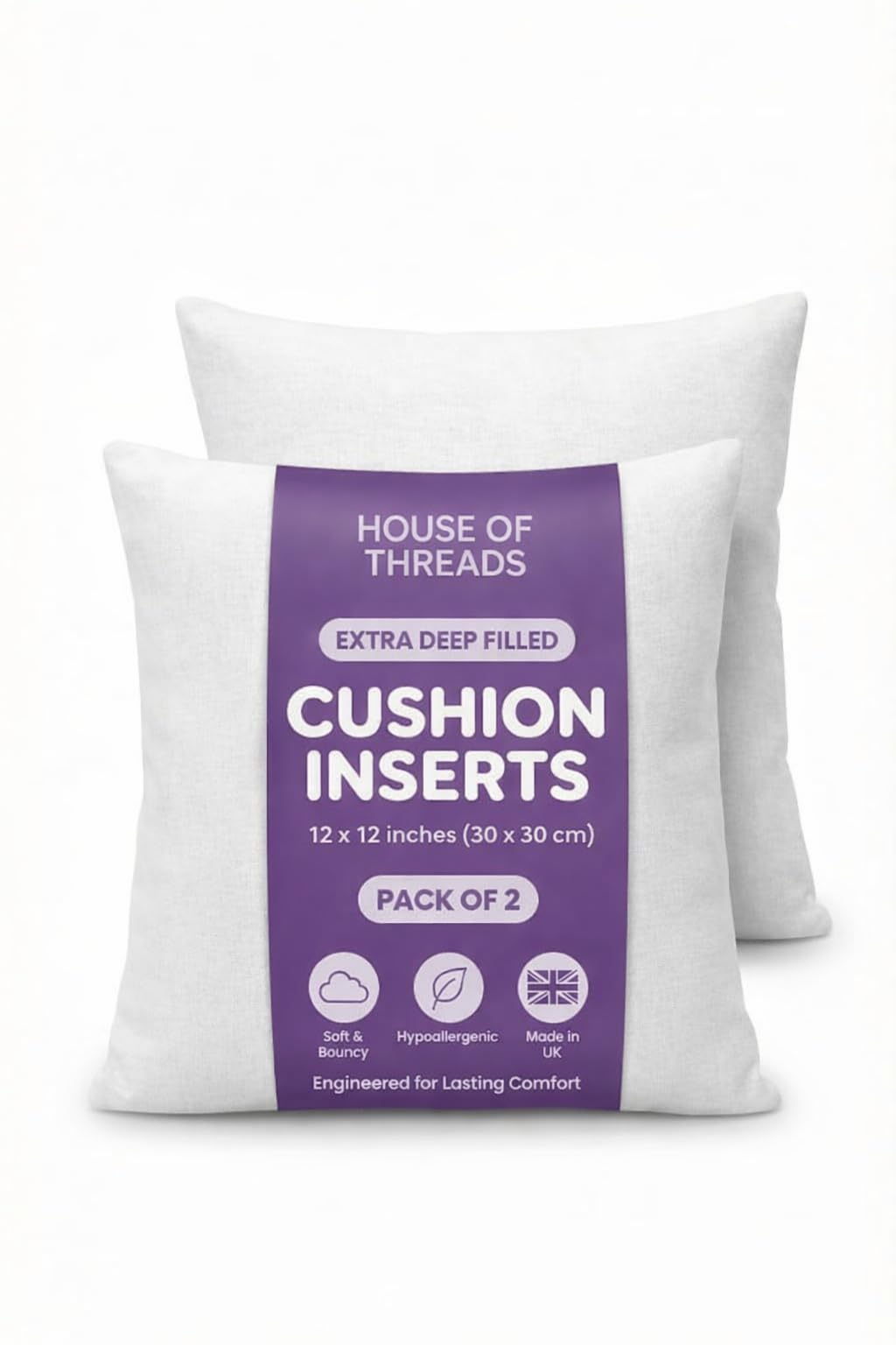 HT House Of Threads Cushion Inserts | 12 x 12 Inch (30 x 30 cm) White Cushion Pads | Extra Deep Filled Hotel Quality Cushion Inserts | Premium Hollowfibre Throw Pillows | 2 Pack