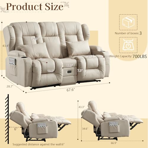 SAMERY Relaxsessel mit Liegefunktion Fernsehsessel Manuell Verstellbar, Zweisitzer Sofa Kinosessel 2 Sitzer Sofa TV Sessel Heimkino mit Getränkehalter/Schublade/Buchse, Stoffbezug – Bild 3