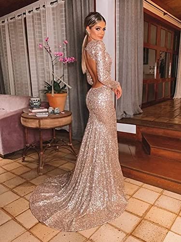 Long Sleeves Sequin Prom Dresses V Neck Glitter Mermaid Evening Party Gowns Formal Dress2