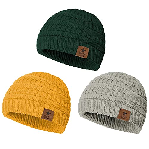 Durio Baby Beanies - Warm Winter Hats for Boys & Girls, 6-12 Months, Soft Knit, Light Grey & Yellow & Green