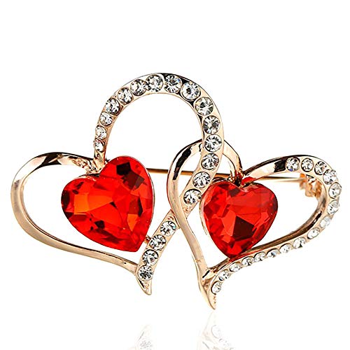 Elegant Double Ruby Red Gray Rhinestone Zircon Crystal Love Heart Shaped Brooch Pin for Women Valentine's Day Jewelry (Red)