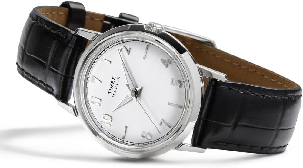 Timex Unisex Marlin Quartz 34 mm Quartz Watch - Black Leather Strap with Silver-Tone Dial and Stainless Steel Case TW2Y37600