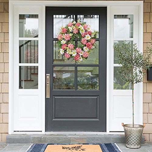 I-Guru Summer Door Wreath 22 Inch, Artificial Spring Green Leaves Wreaths Pink Dahlia & Chrysanthemum For Holiday Farmhouse Home Indoor Wedding Party Wall Windows Decor #TOP6