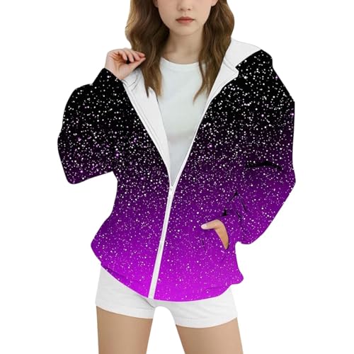 Chaqueta con capucha polar para niñas adolescentes abrigo ligero de cremallera completo primavera otoño cálido informal juvenil (3-Purple, 14-15 Years)