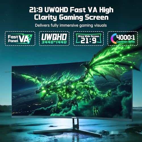 Image of 34 Inch Ultra Curved Gaming Monitor 200Hz UWQHD 3440x1440 Curved Monitor, HDMI 2.1x2 DP1.4x1 AI Crosshair 21:9 PIP /PBP, MPRT 1ms Fast VA Display (G34F1Q, One HDMI 2.1 Cable Included)