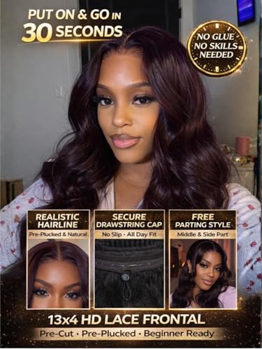 Image of Beauty Forever 13x4 Pre-Everything Lace Frontal Glueless Wig Human Hair Pre Plucked Pre Cut Black Cherry Loose Body Wave Drawstring Wig With Face Framing Layers Ready to Go Wigs 150% Density 26inch