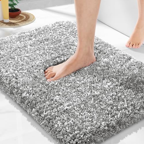 Yimobra Bathroom Rugs Non Slip Washable 24×17, Ultra Soft and Water Absorbent Bath Mats, Plush Fluffy Shower Mat Outside, Microfiber Thick Matts for Bathroom Floor/Sink, Light Gray and White