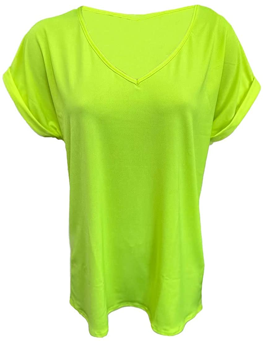 Fairy Boutique Women's Neon Yellow Turn Up Sleeve V Neck T Shirt Oversized Baggy Batwing Top Plus Size T Shirt