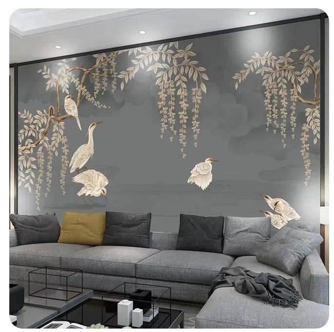 Papier peint 3D fleurs et oiseaux pour décorer le mur du canapé