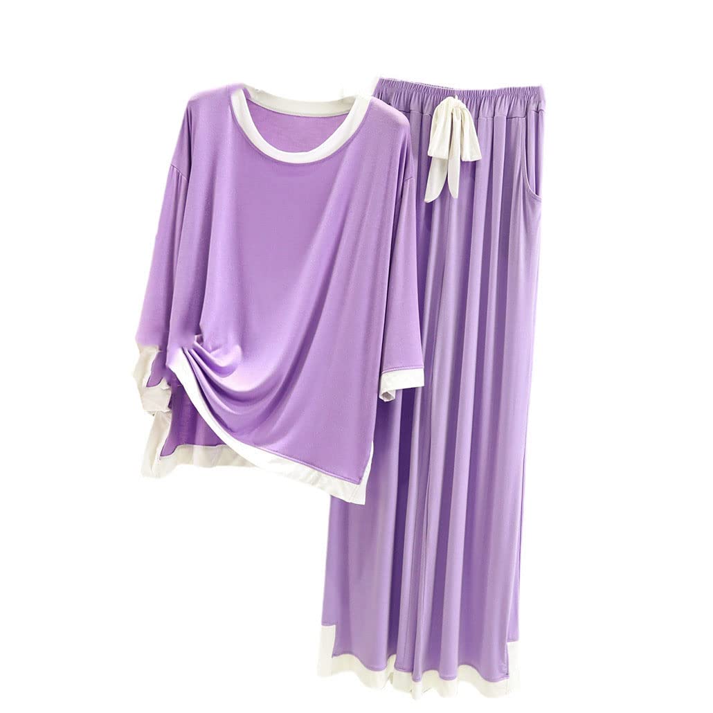 Pijamas de primavera para mujer, conjuntos de pijama de algodón modal, trajes sueltos para el hogar, conjuntos de 2 piezas, ropa cómoda para el hogar, Morado (, S
