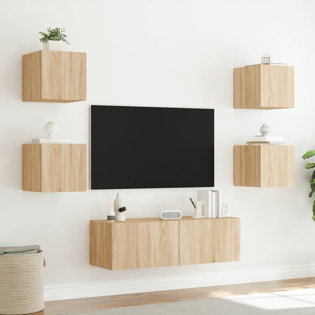 Gecheer 5-TLG.TV da parete con luci a LED, pensili per TV, armadietti sospesi, pensili per TV, armadio, parete multimediale, pensili, TV, soggiorno, rovere Sonoma