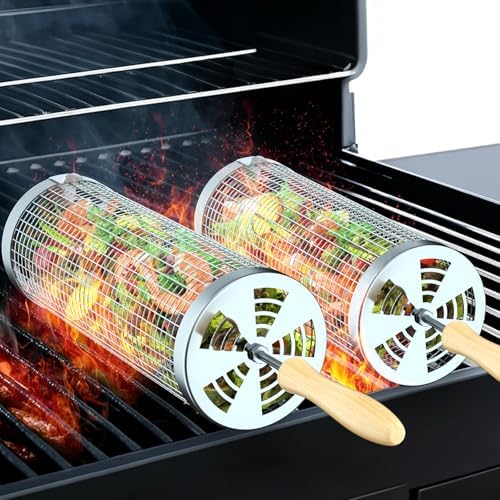 Rolling Grill Basket(2PCS), Removable Wooden Handle, 304 Stainless Steel, Grilling Accessories Tools for Vegetables Meat Food, Outdoor Camping Grilling, Birthday Gifts for Men Husband Men