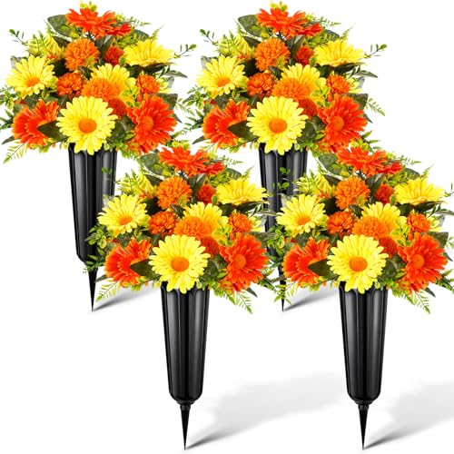 Quzzil 4 Set 8 Pcs Artificial Cemetery Chrysanthemum with Vase for Grave Artificial Mums Bouquet Memorial Day Fathers Day Fall Funeral Flowers Arrangements Decorations for Outdoor Lawn Yard Decor