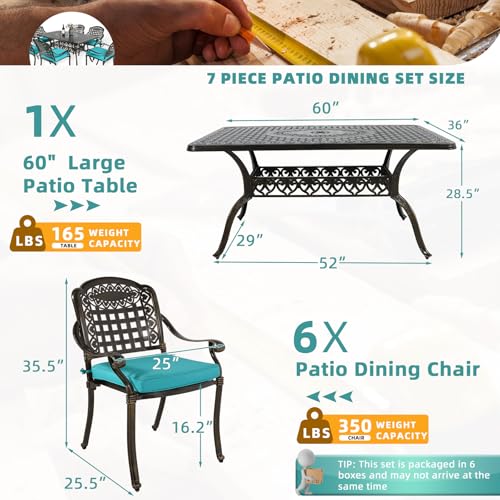 Image of MEETWARM 7-Piece Outdoor Furniture Dining Set, All Weather Cast Aluminum Patio Garden Set with 6 Chairs, 6 Cushions, 1 Rectangular Table, 2 inch Umbrella Hole, Dark Bronze, Ocean Blue