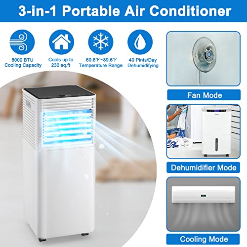 Image of GOFLAME Portable Air Conditioner, 8000 BTU Powerful AC Unit with Remote Control and 4 Universal Casters, 3-IN-1 Air Cooler & Dehumidifier & Fan with 24H Timer for Living Room, Bedroom, Office, Black