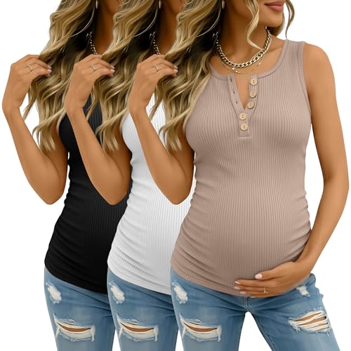 Velvelhall 3 Pack Womens Maternity Tank Tops Ribbed Cotton Pregnancy Sleeveless Shirts Henley Side Ruched Basic Mama Clothes(Khaki White Black XX-Large)
