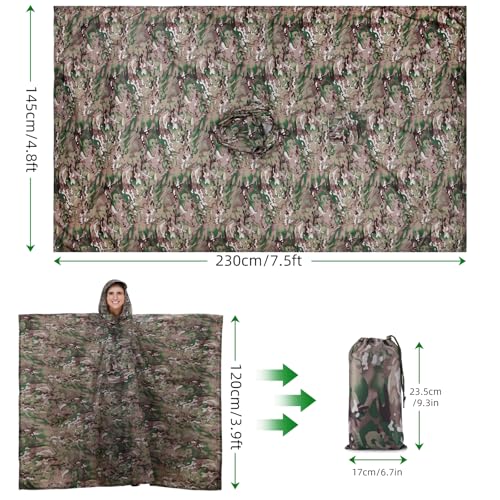 Image of PELLOR Hooded Military Rain Poncho for Adults with Pocket, Waterproof Lightweight and Extra Long, Unisex Raincoat for Hiking Riding, Camping Emergency, Outdoor Rain Cover Reusable