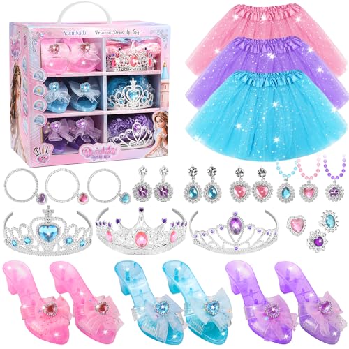 Princess Dress Up Toys & Washable Kids Makeup, Jewelry Boutique Kit, 3 Color Skirts, Shoes, Crowns, Girls Toys for 3 4 5 6 Year Old
