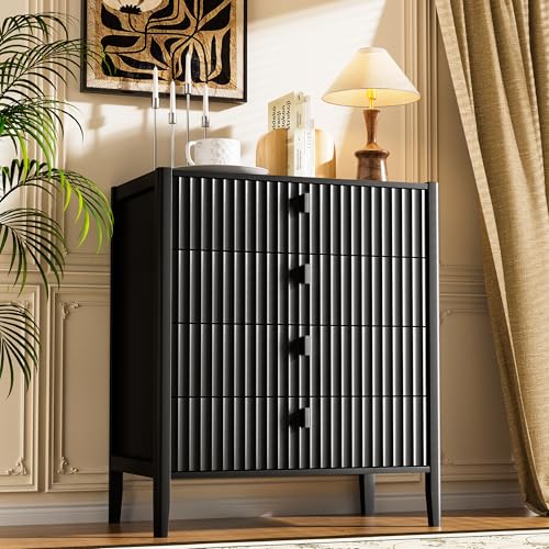 Image of Furniway Black 4 Drawer Dresser, 31.5 inch Wide Modern Chest of Drawers with Fluted Front and Metal Handles, Storage Dresser for Bedroom, Living Room, or Entryway