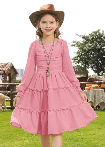 HOZIY Girls Long Sleeve Dress Ruched Smocked Tiered Ruffle A-Line Casual Boho Teen Dresses with Pocket Size 6-16 Years