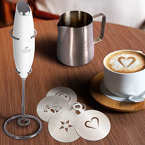 Image of Zulay Premium Gift Milk Frother Set - Handheld Coffee Frother with Stand, 12oz /350ml Frothing Pitcher + 4 Latte Art Stencils - 13,000 RPM Motor, SS Whisk, Battery Operated - Barista Kit (White)