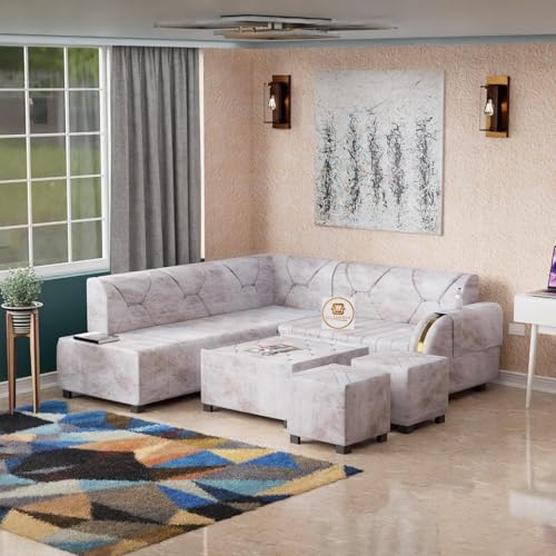 WOODREAM Left Facing Upholstered L Shape 7 Seater Sofa Set | Sectional Leatherette Fabric Sofa Set with Centre Table and 2 Puffy Ottomans for Living R