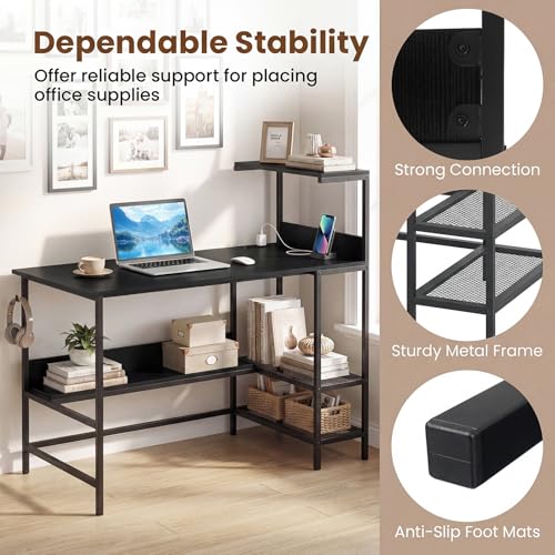 Image of Tangkula 48 inch Reversible Computer Desk with Bookshelves, Home Office Desk with Power Outlets, Hook and Storage Shelves, Writing Study Desk for Living Room, Study Room, Office (Black)
