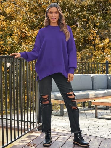 Image of LILLUSORY Women's Oversized Batwing Sweaters 2026 Fall Outfits Trendy Crewneck Knit Side Slit Fashion Pullover Tops
