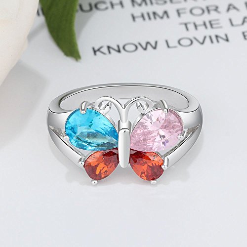 Personalized Engraved Name Rings for Mothers Day Rings with 4 Simulated Birthstones Promise Butterfly Ring for Women (Silver, 6)4