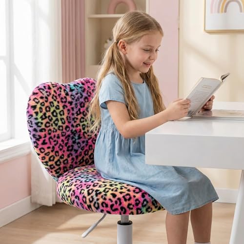Image of Kmax Kids Reading Chair, Rolling Cute Desk Chair for Girls Swivel Office Chair with Wheels & Heart Back Adjustable Childrens Vanity Chair for Bedroom Reading Room - Faux Fur, Leopard