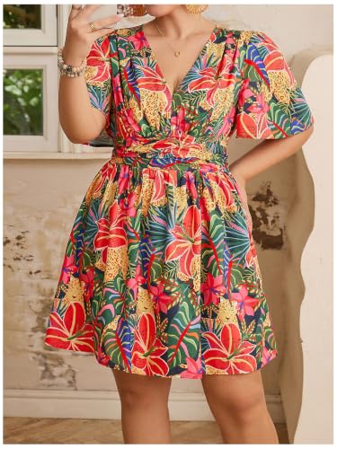Image of Floerns Women's Plus Size Printed V Neck Short Sleeve Ruffle Hem Summer Short Dresses