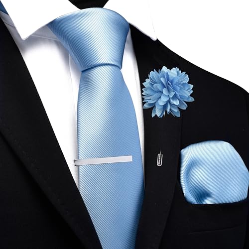 Image of Branduce 3.15 inch(8cm) Solid Formal Tie and Pocket Square Plain Necktie Lapel Pin and Tie Clip Set for Men